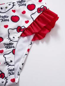 HELLO KITTY AND FRIENDS | SHEIN 少女卡通图案荷叶边连体泳衣 - 紅白色 - 查看 3