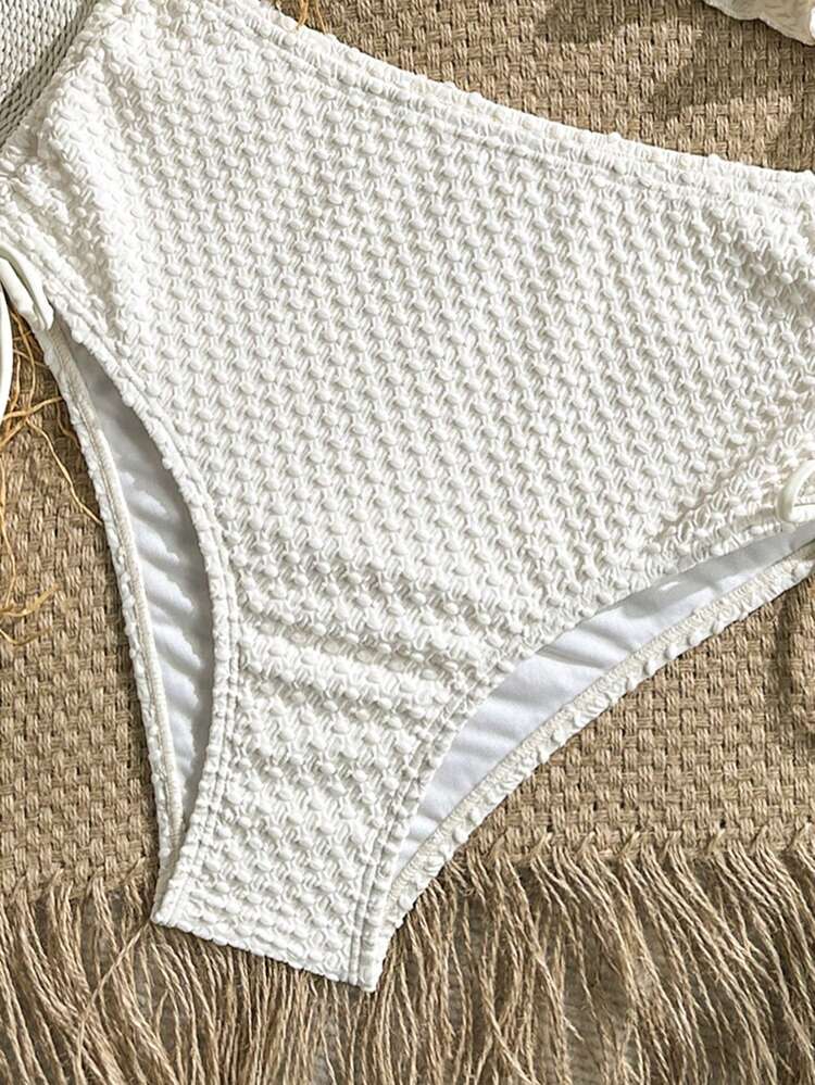 Swim Vcay Top de bikini acanalado de cintura alta con cordón y volantes de tela texturizada de unicolor para playa y vacaciones - Albaricoque - Ver 5