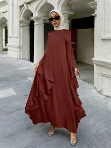 Vesra Burgundy Collared Draped Ruffle Sleeve Loose Robe - Rust Brown - View 4