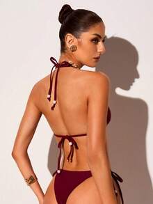 Glamine Trang phục đi biển mùa hè cho nữ: Bikini tam giác buộc dây màu trơn mới, trang trí ngọc trai, hở lưng, bộ 2 mảnh cho kỳ nghỉ - Màu Đỏ Sâu - Xem 4