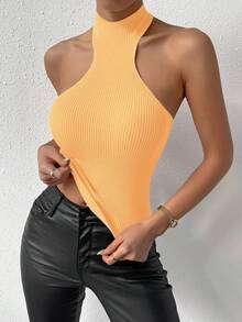 SHEIN Raffinéa Sleeveless Solid Color Knit Top, Casual For Summer - Orange - View 3