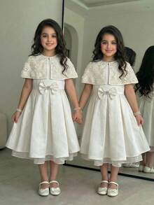 SHEIN Tween Girl Spring/Summer Elegant Rhinestone Embellished 3D Rose Embroidered Mesh Bolero Shrug With Waist-Cinched Pleated Full Skirt Princess Dress With Large Bow Decor, 2-Piece Apricot Dress Set For Wedding Season, Party, Gathering, Holiday, KIDS - Apricot - View 3