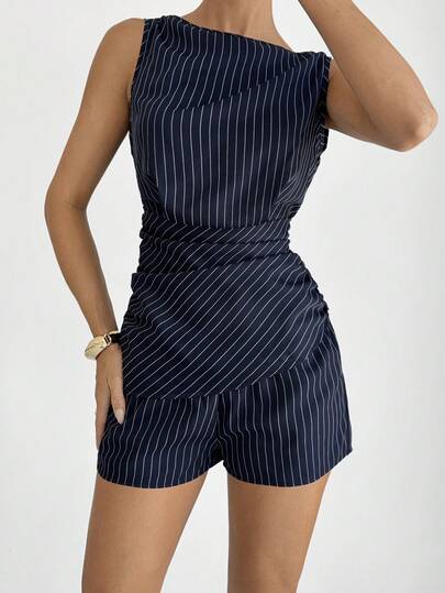Siren Gaze Women's Striped Ruffle Top And Shorts 2-Piece Set, Casual For Commuting And Outings