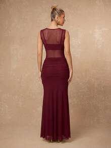 Lumalex Women's Elegant V-Neck Ruched Sleeveless Fitted Flared Maxi Dress With Metal Decor,Burgundy,Summer Dining Formal Evening Gown Wedding Guest Dress - Burgundy - View 3