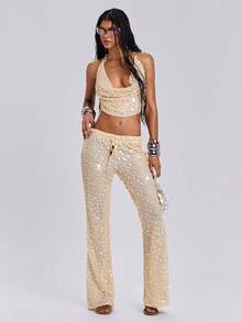ROMWE Y2K Conjunto de 2 piezas de pantalones sueltos con cuello drapeado decorado con cuentas de madera huecas y lentejuelas, estilo de vacaciones de verano sexy para mujeres - Marrón - Ver 5