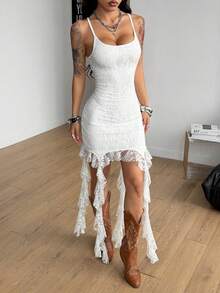 Coolane Women's Spring/Summer Y2K Streetwear Concert Outfit Rave Outfit Festival Going Out Rave Outfit Renaissance Fair Club Outfits Party Contrast Lace White Dress - White - View 4