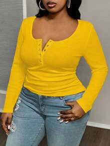 Slaydiva Plus Size Casual All-Match White Slim Fit With Deep U-Neck Long Sleeve T Shirt-C - Yellow - View 3