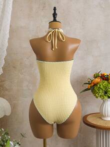 Swim Mod Women's Spring/Summer New Yellow Textured Fabric Light Blue Floral Trim V-Neck Halter Backless One-Piece Swimsuit One Piece Bathing Suits For Women One Piece Bikini For Women Beach Wear Women Outfits Bodysuits Women Summer Bikini Bodysuit - Yellow - View 2