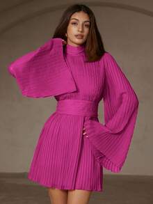 ia Rosie Vestido elegante y ligero de gasa con cuello alto, mangas acampanadas, diseño de cintura ceñida, adecuado para el Día de San Valentín, fiestas de Navidad, estilo europeo y americano - Rojo violeta - Ver 6