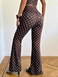 SHEIN EZwear Quần ống loe cạp cao chấm bi dành cho nữ, kiểu dáng thường ngày, đa năng, thích hợp đi làm. - Cà phê nâu - Xem 2