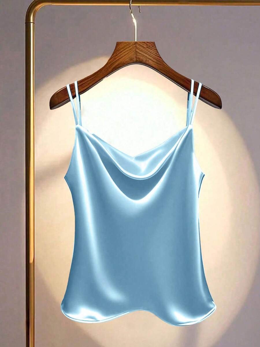 Franclia Camiseta holgada de satén de unicolor para mujer de talla grande - Azul - Ver 1