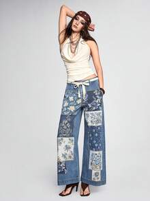 ROMWE Hippie Hàng mới về mùa Xuân & Thu, màu xanh denim trung bình, họa tiết chắp vá, quần jeans nữ thời trang và thoải mái. - Rửa trung bình - Xem 1