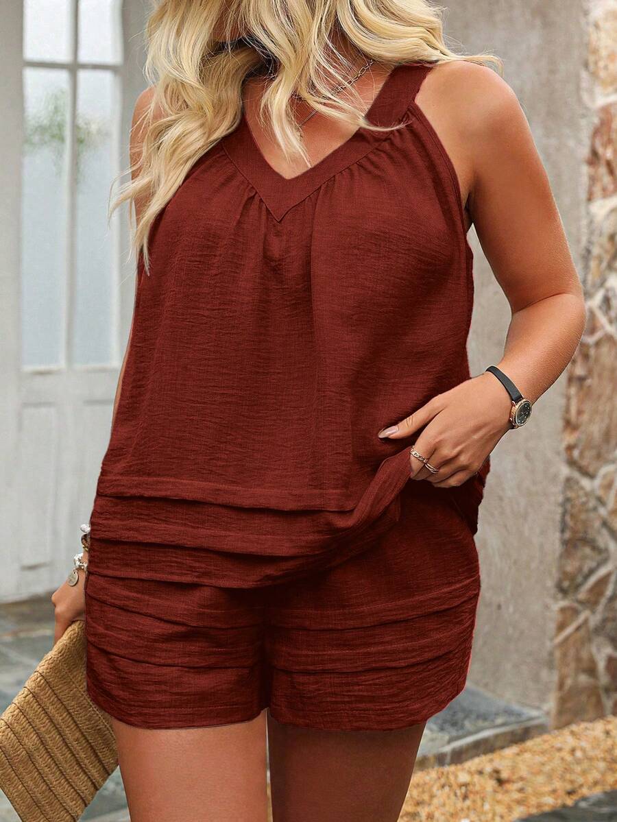 Parysyn Bộ đồ thể thao cỡ lớn dành cho kỳ nghỉ, màu trơn, áo yếm và quần short, gồm 2 mảnh, màu nâu, dành cho nữ, các bộ quần short nữ, các bộ quần short cỡ lớn dành cho nữ, các bộ quần short nữ đi nghỉ mát. - Gỗ đỏ - Xem 1