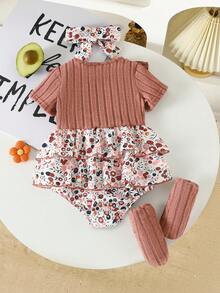 Baby Girls' Summer Knitted Ribbed Patchwork Ditsy Floral Romper With Ruffled Skirt, Comes With Decorative Headband And Foot Covers, Short Sleeve - Dusty Pink - View 10