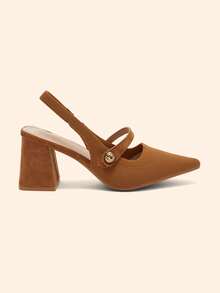 CUCCOO BASICS Women's Fashion Fabric Back Strap Chunky Heel Pointed Toe PU Leather Casual Slingback Pumps, Suitable For Commuting, Date, Party, Vacation For Christmas Spring Shoes - Brown 1 - View 6