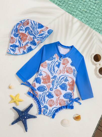 SHEIN Playful Pals 新生儿/幼儿女童两件套：长袖可爱海洋生物印花泳衣和泳帽，度假夏季时尚