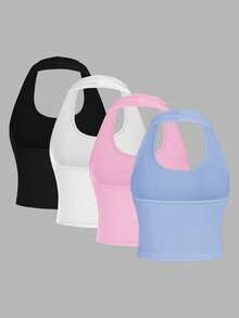 SHEIN EZwear Bộ 4 áo tank top ngắn cổ tròn ôm sát, kiểu dáng tối giản, thích hợp cho nữ mùa hè. - Nhiều màu - Xem 2