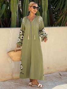 DAZY 女士圆领长袖印花宽松度假风连衣裙 - 綠色 - 查看 3