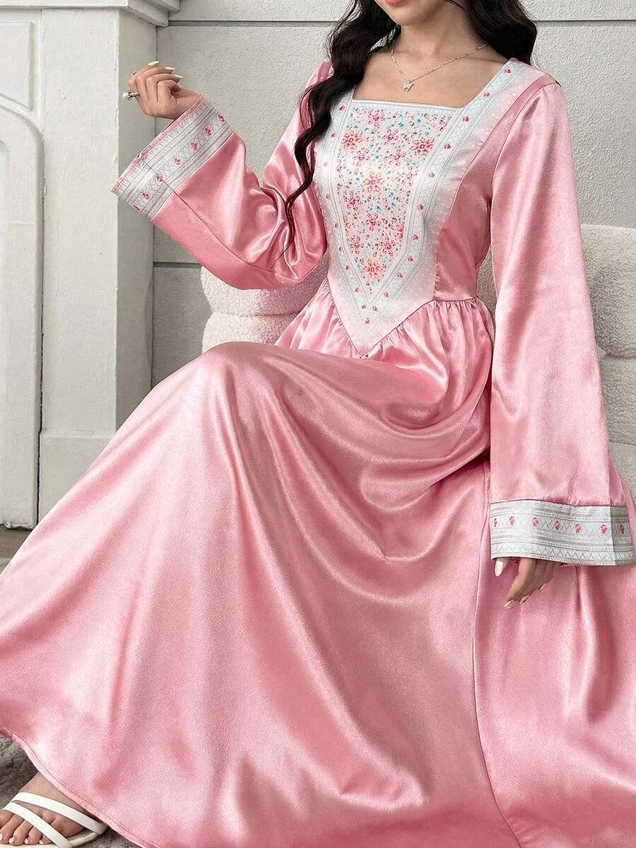 SHEIN 青少年女孩編織粉色拼接印花休閒長版保守洋裝穆斯林女孩粉色長袍 - 粉色 - 查看 1