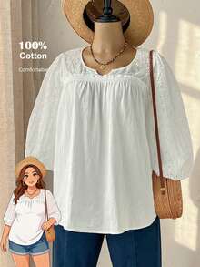 Rusticease Plus Size Women's Summer Boho White Blouse,100% Cotton Eyelet Embroidered Notched Collar Loose Fit Top,Casual Vacation Holiday Daily Wear - White - View 5