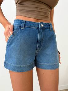 SHEIN High Waisted Wide Leg Denim Shorts With Contrast Stitching - Medium Wash - View 7
