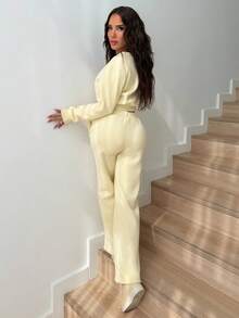 Manon Tanti Women's Butter Yellow Fleece V-Neck Jacket And Pants Set, Y2k Clothes ,Fall Clothes For Women,Streetwear - Light Yellow - View 6