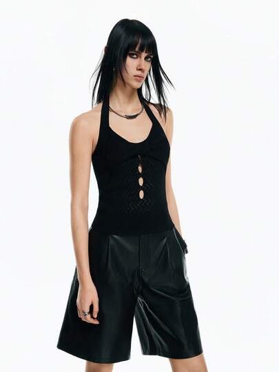 Airlisse Hollow Out Twist Back Halter Knit Top