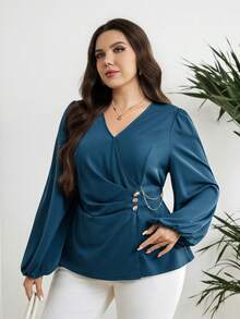 Modelyn Plus Size Women's Solid Color V-Neck Lantern Sleeve Pleated Design Elegant Blouse Gym Brown Autumn - Blue - View 6