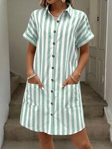 Easowa Cotton Striped Shirt Dress For Women Button Down Summer Casual With Pocket Short Sleeve - Green - View 9