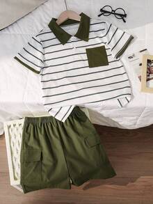 2pcs/Set Boys' Striped Polo Shirt And Cargo Shorts Set, Large Pockets Decor, Military Green, Spring/Summer - Army Green - View 5