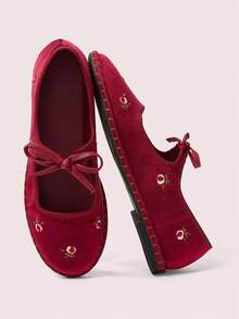 CUCCOO DOLLMOD Zapatos de mujer clásicos de terciopelo burdeos con bordado de flores y lazo Mary Jane planos - Burdeos - Ver 2