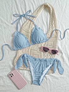 Vivid Eden Women's Solid Color Textured Swimwear Set For Vacation & Beach - Baby Blue - View 3