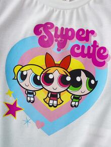 THE POWERPUFF GIRLS X SHEIN 少女圆领卡通字母印花短袖T恤，适合夏季日常穿着 - 白色 - 查看 7
