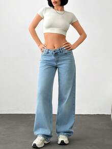 EURMUSE Low Waist Regular Fit Casual Style Light Blue Snow Wash Button Front Wideleg Jean - Light Wash - View 4