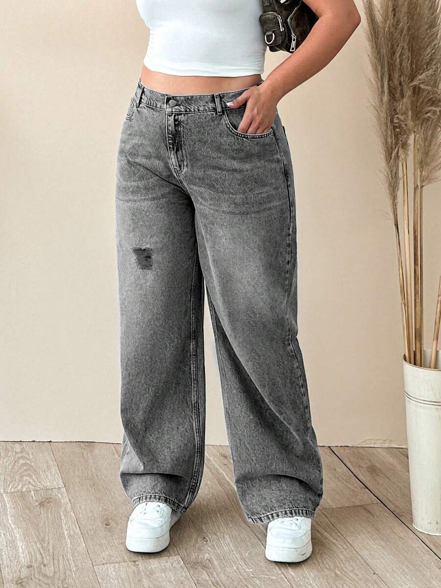 EURMUSE 100% Cotton Plus Size Women's Mid-Blue Elastic Waist Straight Leg Jeans - Grey - View 1