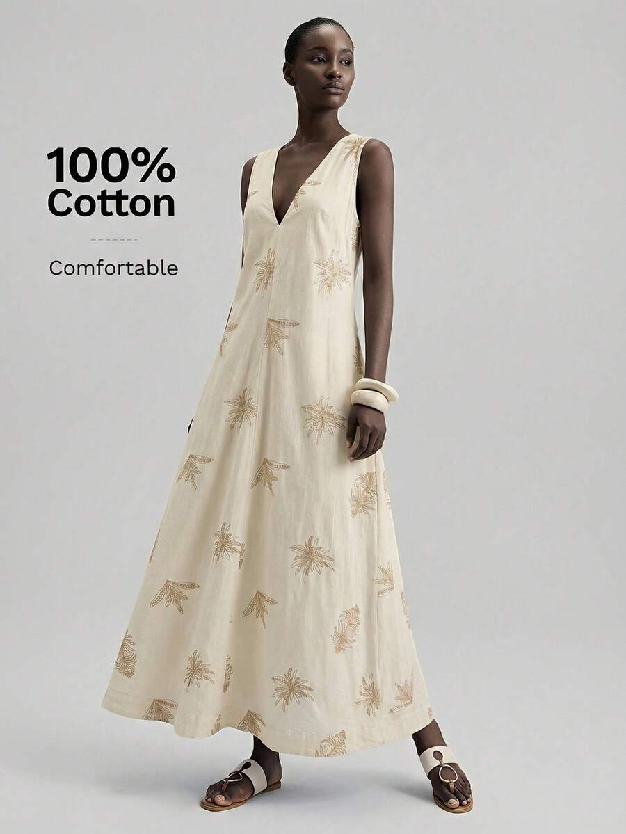 Ontre 2026春夏女士超长连衣裙，无袖V领花卉提花深V领时尚超长连衣裙设计，女士沙滩裙，收腰A字宽松版型，度假风，女士连体泳衣，绿色，刺绣花卉，抽象印花，派对，情人节连衣裙，吊带裙，高端波西米亚设计，春夏服装，沙滩装，度假装，时尚百搭女士超长连衣裙 - 米色 - 查看 1