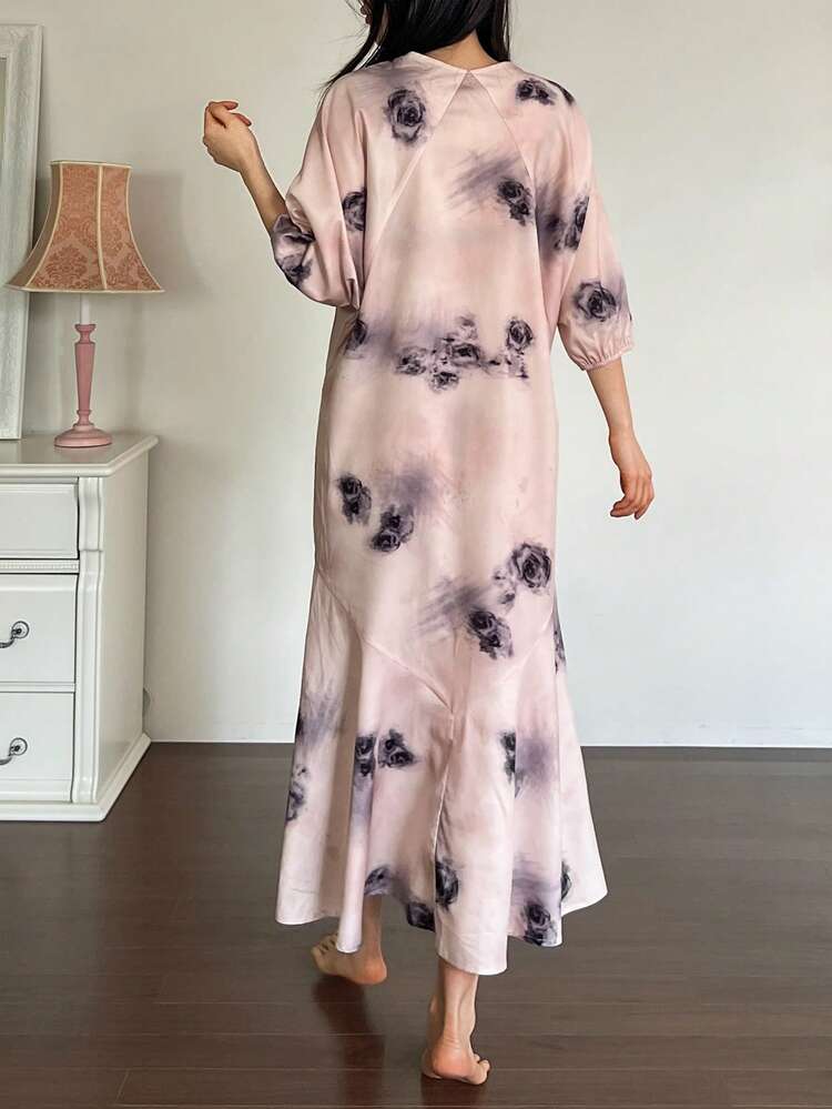 Elegant Floral Print Loose Women's Nightgown, Summer