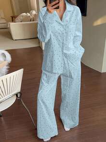 DAZY Bộ đồ ngủ 2 món in chấm bi, áo khoác cardigan rộng và quần ống đứng, thích hợp cho mùa xuân và mùa thu dành cho nữ. - Màu xanh lam - Xem 5