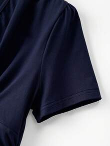 GlowEve Women's Navy V-Neck Short Sleeve Ruched Fitted Summer New Fashionable Versatile Elegant Daily T-Shirt - Navy Blue - View 3