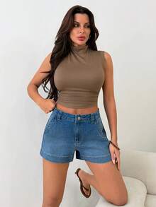 SHEIN High Waisted Wide Leg Denim Shorts With Contrast Stitching - Medium Wash - View 5