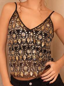 juhmazzocco Sparkling Black Mesh Halter Crop Top For Women, Luxuriously Embellished With Dazzling Rhinestones And Sequins For An Unforgettable Party Look. Country Music Festival Sparkly Top Sequin Top Rhinestone Top Festival Top Halloween Western Rhinestone Top, Christmas - Black - View 4
