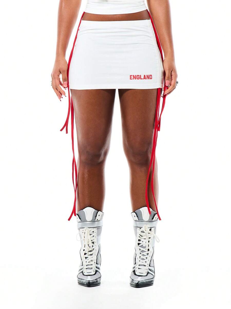 SUMWON WOMEN 英格兰国旗印花红色领带细节低腰迷你裙白色紧身足球欧洲杯 - 白色 - 查看 1