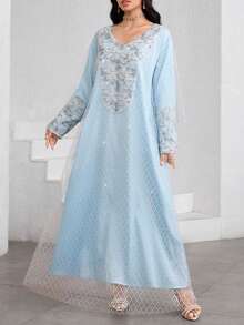 Al Najma Mesh Jacquard Patchwork Elegant Loose Long Sleeve Dress For Women - Multicolor - View 4