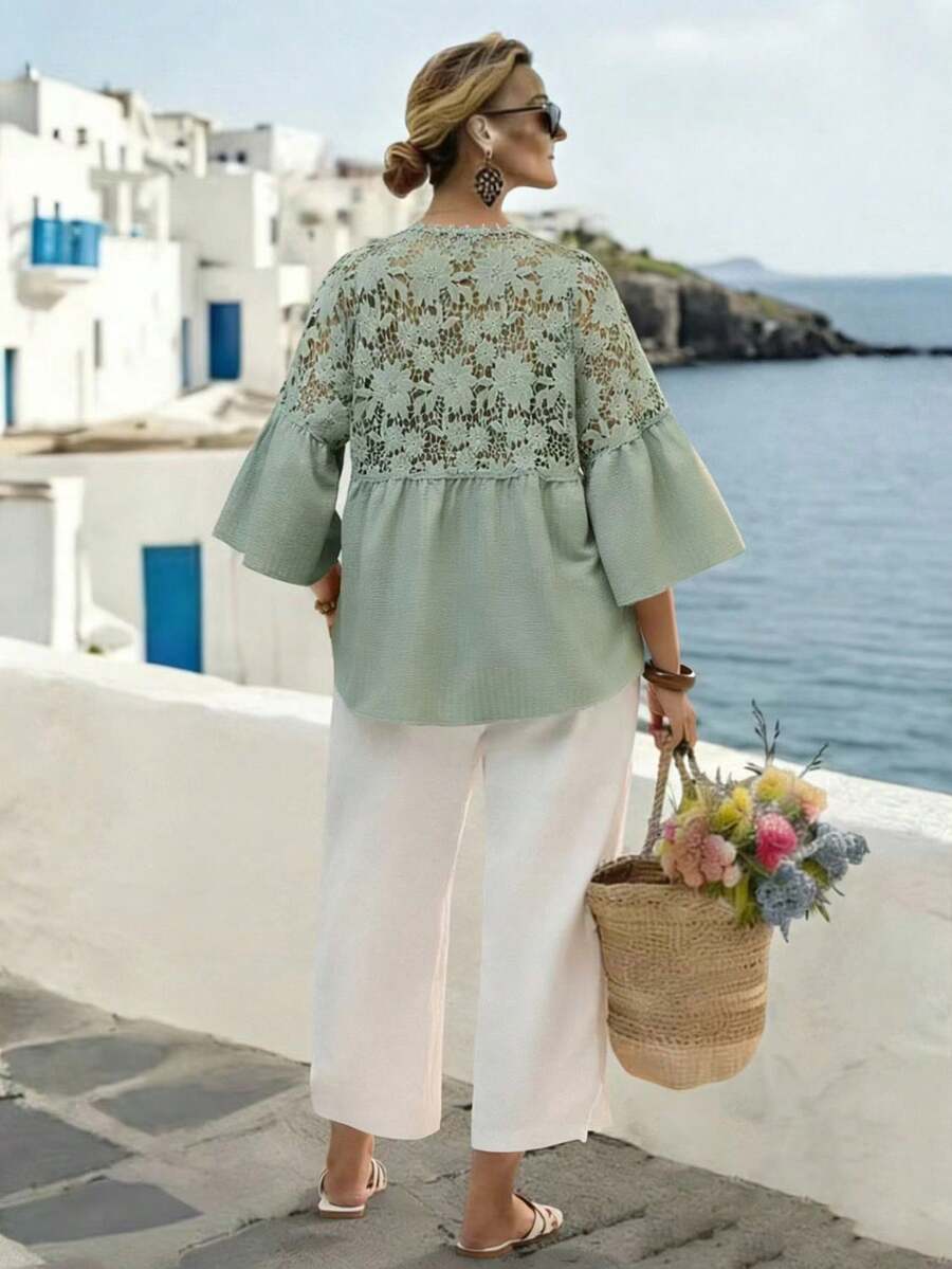 Linhara CURVE Camisa casual de mujer de talla grande con parches de encaje floral verde fresco, primavera/verano - Verde - Ver 1