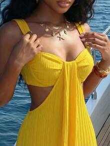 Slaydiva 2026 Spring/Summer New Vacation Yellow Boho Textured Camisole With Wide-Leg Cutouts Women Jumpsuit.Suitable For Everyday Outings, Boho , Travel, Beach, Western, Nomadic, Dating, Parties, Shopping, Afternoon Tea, Vacation, Trip, Concert, Airport Outfit, Brunch Outfit, Club-A Yellow Dress Maxi Elisanya Yellow Dress For Women Beach Yellow Dress Maxi Pregnancy Yellow Outfits For Women Yellow Cover Up - Yellow - View 4