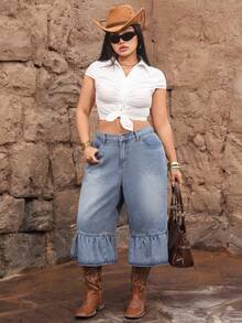 SHEIN Unity Plus Size Women Y2K Style Denim Capri Pants, Korean Casual Street Cowboy Water-Washed Ruffled Hem Straight Leg Wide Leg Jeans - Light Wash - View 4