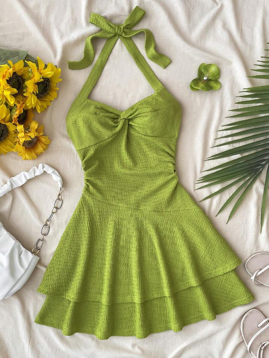 SHEIN Đầm ôm dáng không tay, chất liệu jacquard, thanh lịch dành cho thiếu nữ. - Màu xanh Ô liu - Xem 1