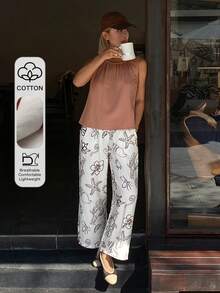 DAZY Bộ đồ ngủ nữ phong cách nghỉ hè gồm áo không tay dáng rộng cổ xếp ly và quần pajama in họa tiết đại dương. - Màu Hồng  San hô - Xem 4