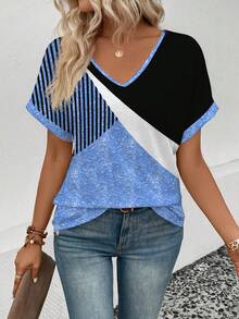 EMERY ROSE New Women's Fashion Printed Graphic Color Block V-Neck Short Sleeve Loose T-Shirt - Multicolor - View 4