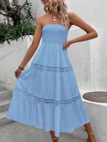Breezaya Đầm quây không dây vai màu trơn phối ren dành cho nữ, thích hợp cho kỳ nghỉ. - Màu xanh nhạt - Xem 6